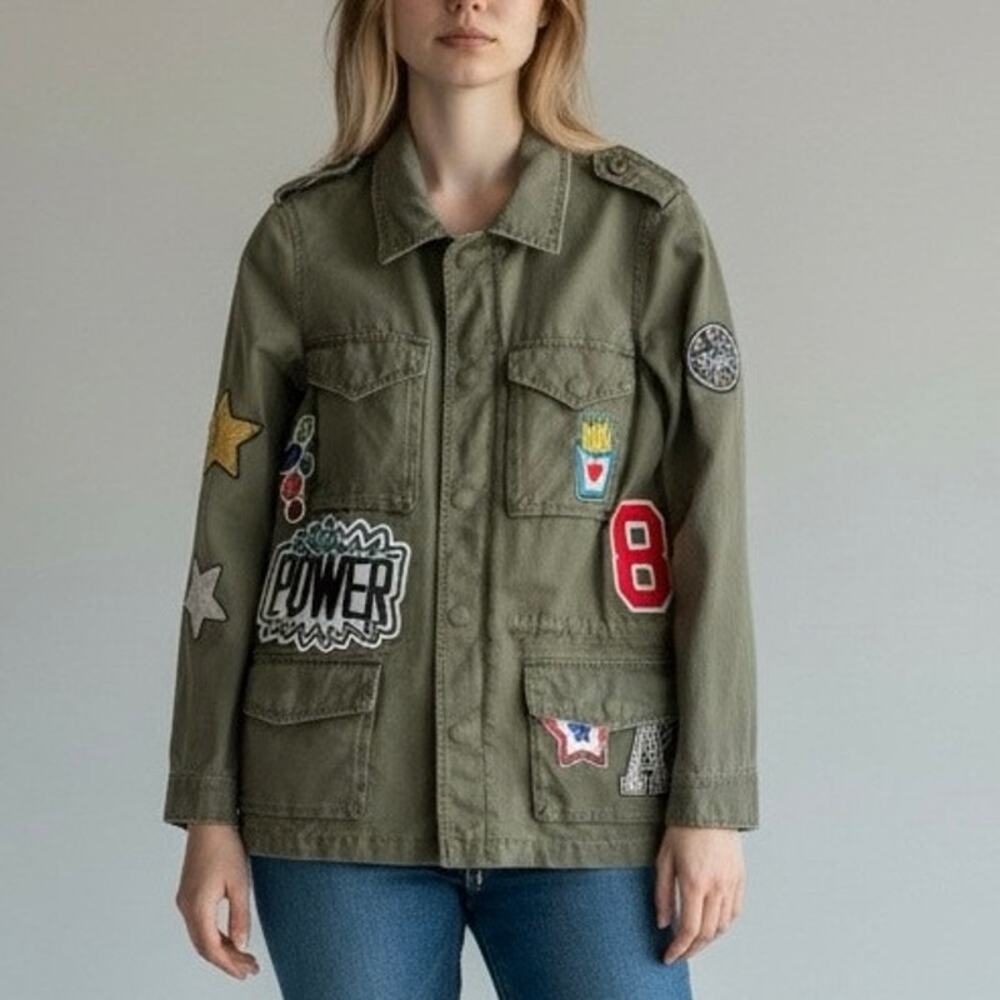 Sunset + Spring Utility Jacket Army Green Patch Coat Pockets Womens Size XS